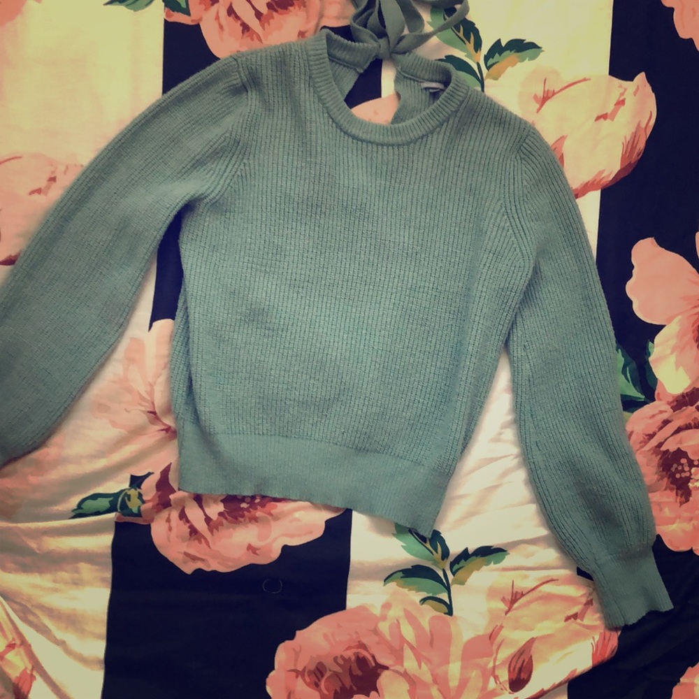 Mint green balloon sleeve cable knit sweater